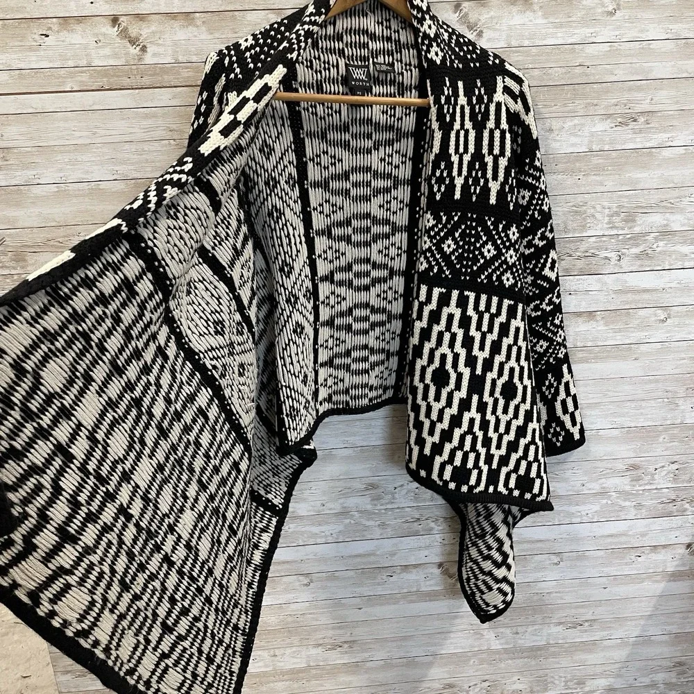 W by Worth Womens PS Cardigan Sweater Wool Blend Open‎ Front Aztec Black & White